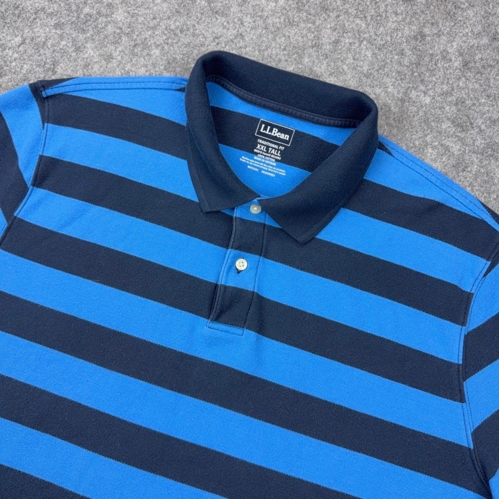 LL Bean Polo Shirt Mens 2XL Tall Blue Navy Striped Pique Cotton Traditional Fit